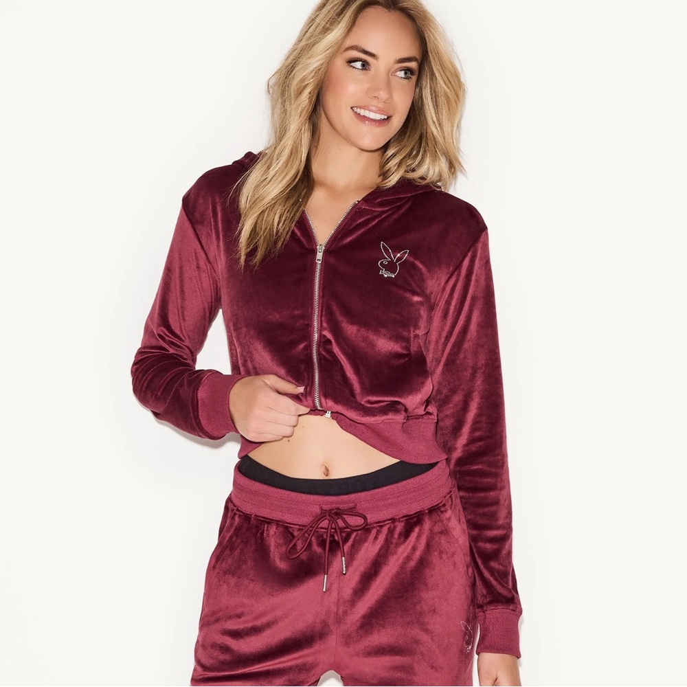 NWT Playboy The Icon Velour Logo Hoodie Burgundy Size XS - Picture 2 of 14